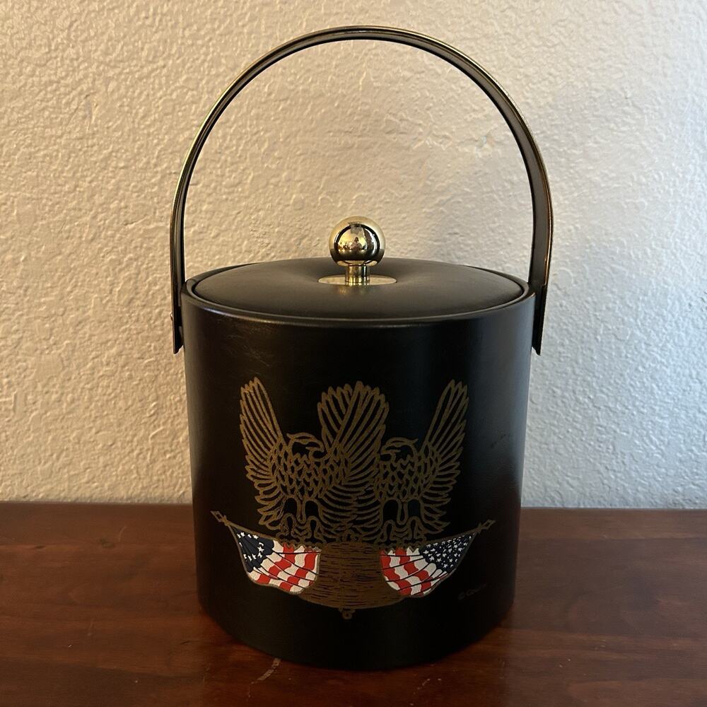 Vintage Couroc Ice Bucket MCM Barware Black Gold Eagle American Flag Americana